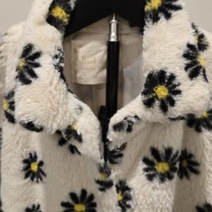 Altar'd State Cream Faux Fur Jacket with Black & Yellow Floral Accents